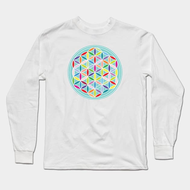 Flower of Life Multicolored on Blue Long Sleeve T-Shirt by NataliePaskell